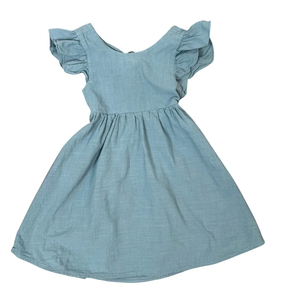 Girls Slate Blue Cotton Gauze Flutter Sleeve Open Back Tie Dress Size 110 5T